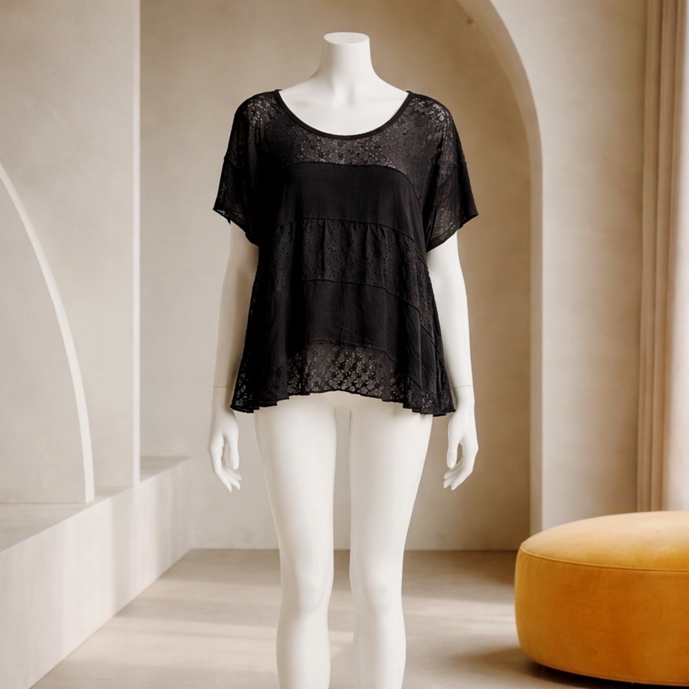 Free People Black Lace Panel Short Sleeve Top